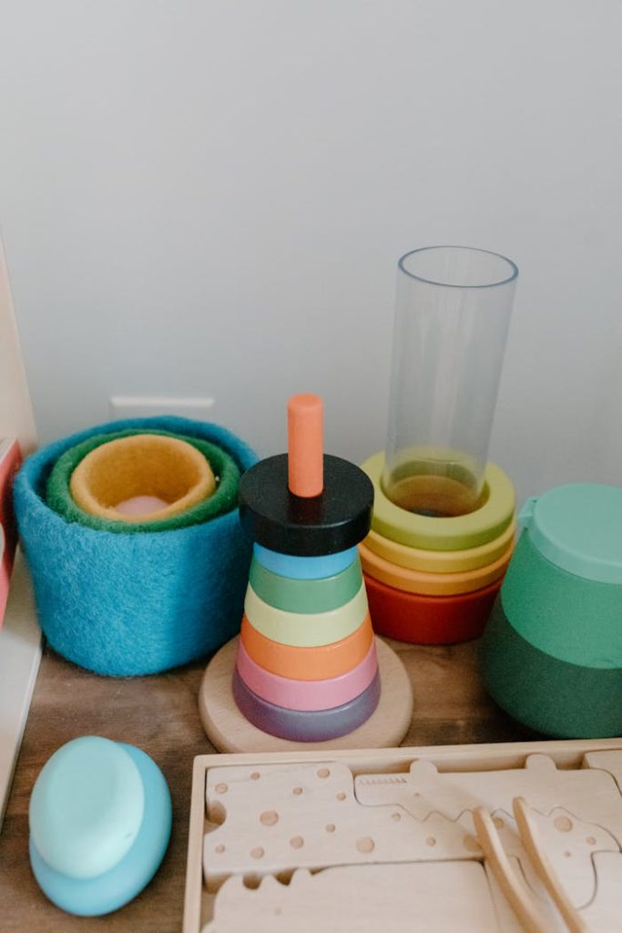 Vibrant and educational childrens toys neatly arranged, perfect for playrooms.